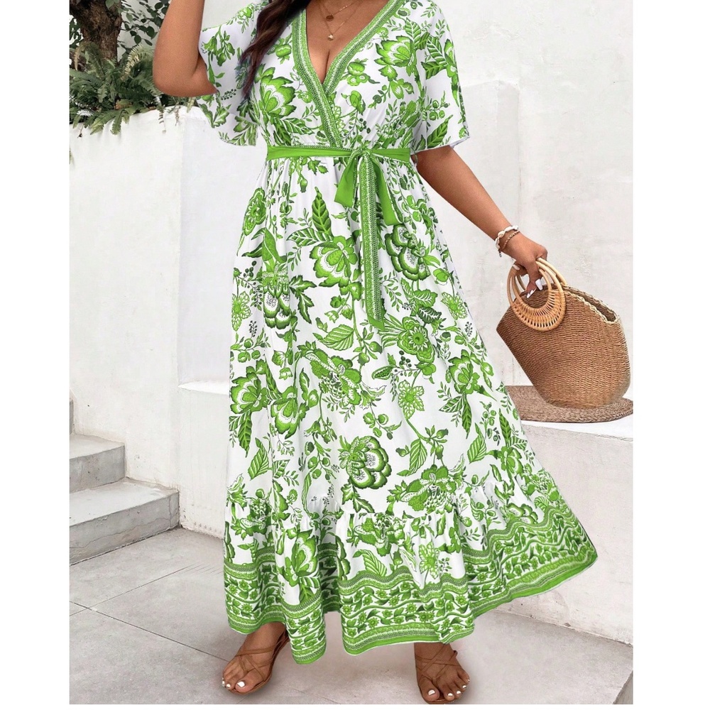 Plus Floral Print Belted Butterfly Sleeve Maxi Dress